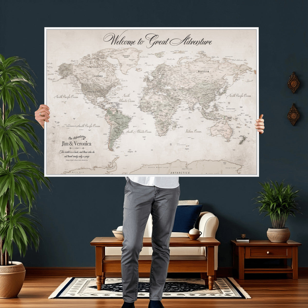Personalized Beige World Map Canvas with Push Pins, Places Visited Tracker, Family Room and Entryway Decor