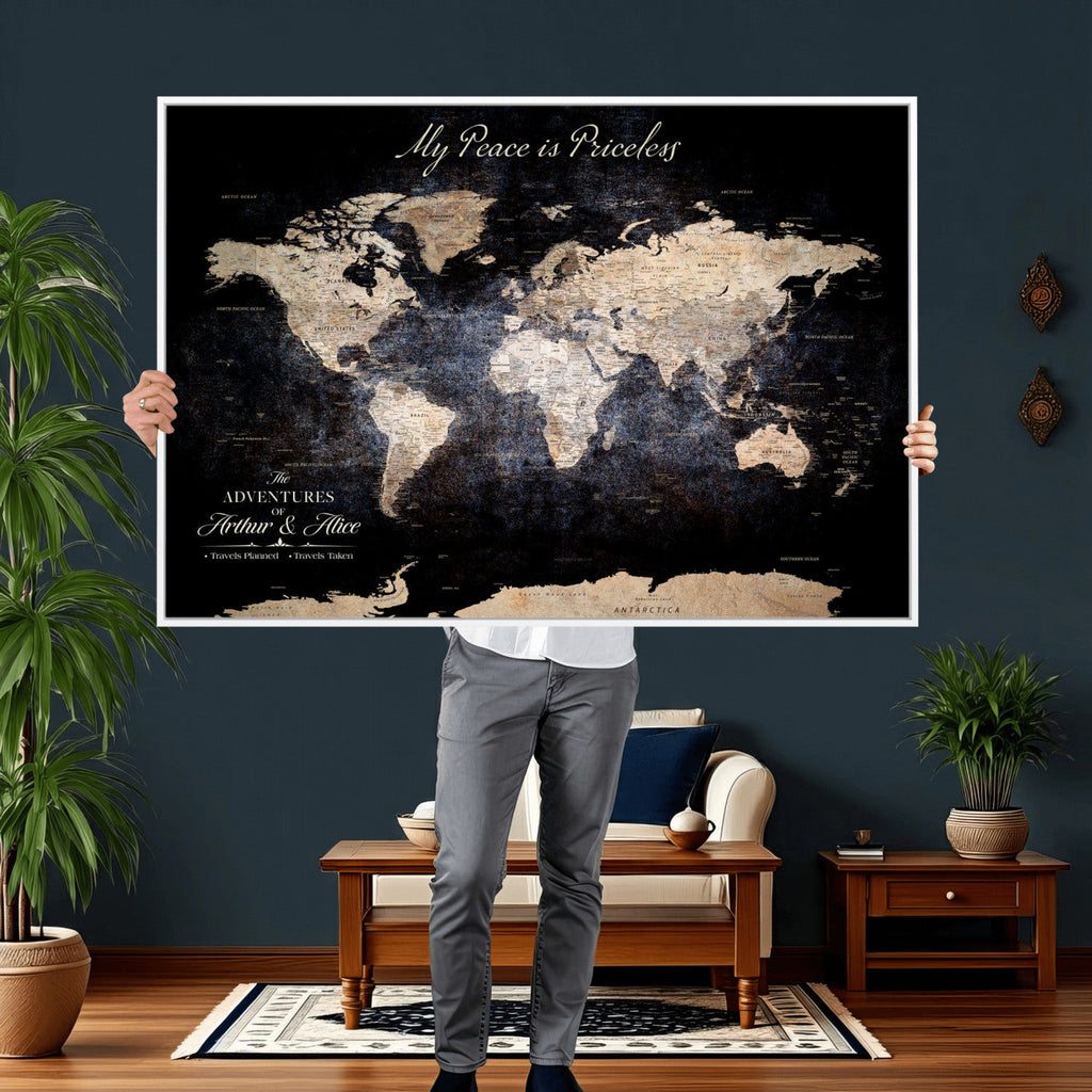 Personalized Beige World Map Canvas with Push Pins, Couples Countries Visited Map, Study and Hallway Decor