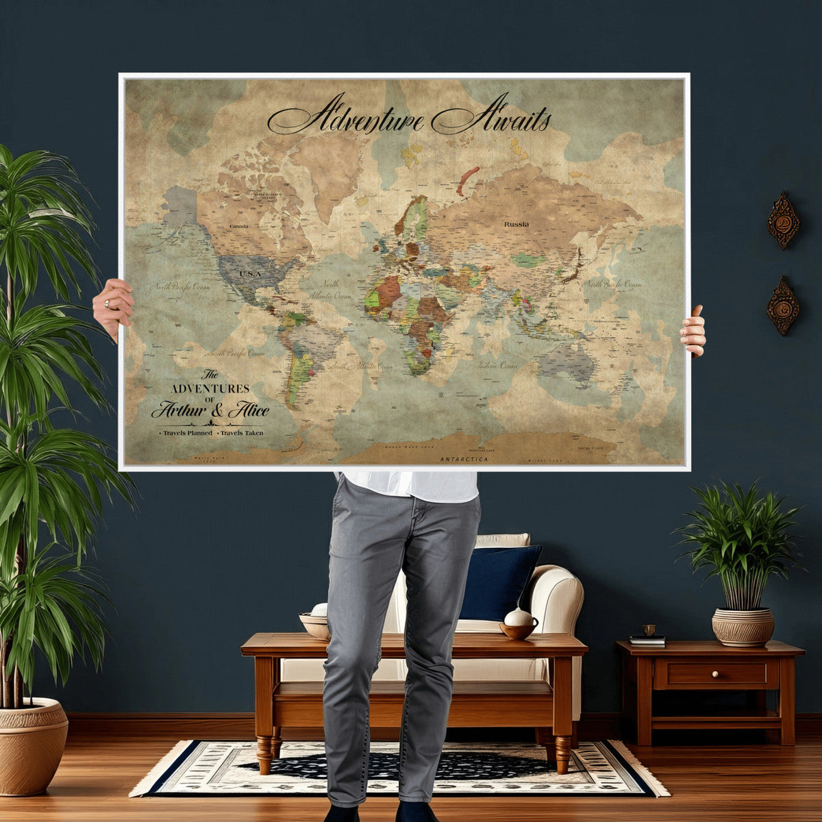 Custom Beige World Travel Map Wall Art with Pins, Bucket List Map, Dining Room and Study Decor