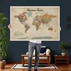 Custom Beige Push Pin World Map Canvas Print, Next Trip Planner Map, Family Room and Study Decor