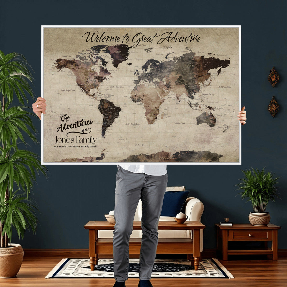 Custom Beige Modern Push Pin World Map Wall Art, Honeymoon and Anniversary Gift, Dining Room and Study Decor