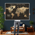 Personalized Framed Beige World Travel Map Wall Art with Pins, Couples Countries Visited Map, Family Room and Dining Room Decor