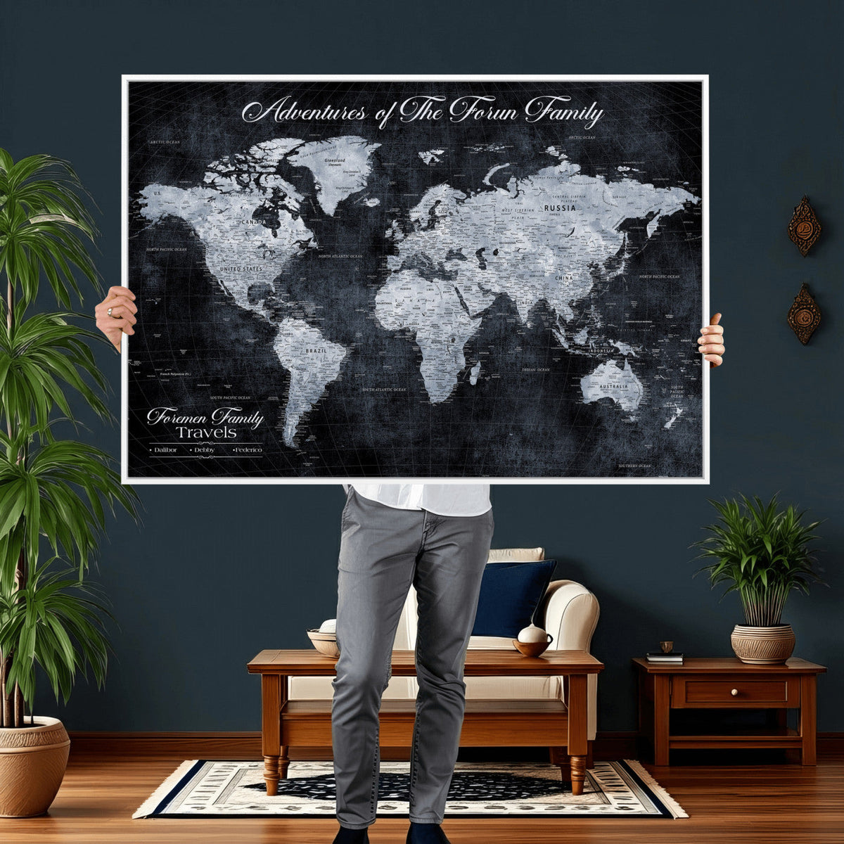 Personalized Framed Beige Modern Push Pin World Map Wall Art, Places Visited Tracker, Family Room and Dining Room Decor
