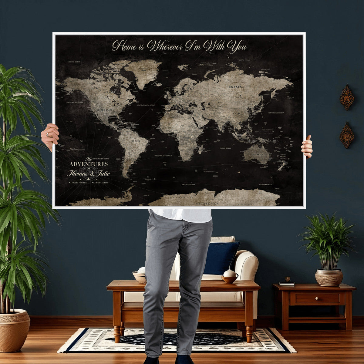 Personalized Framed Black Geometric World Map Canvas with Push Pins, Bucket List Map, Living Room and Dining Room Decor