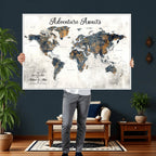 Custom Framed Beige Geometric World Travel Map Wall Art with Pins, Places Visited Tracker, Family Room and Home Office Decor