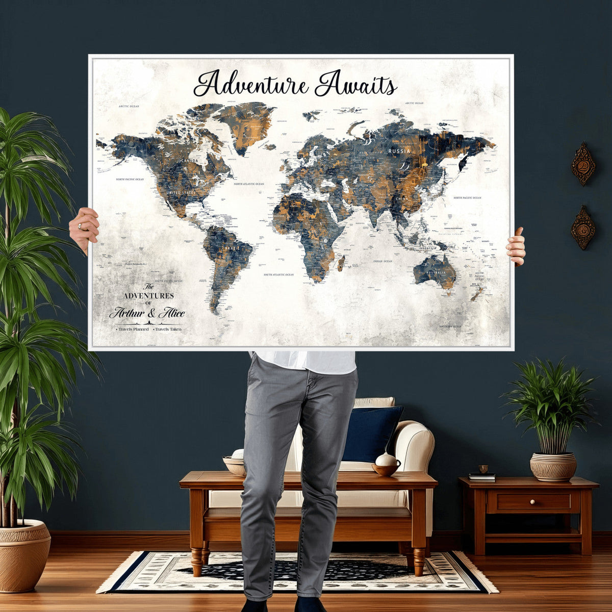 Custom Framed Beige Geometric World Travel Map Wall Art with Pins, Places Visited Tracker, Family Room and Home Office Decor