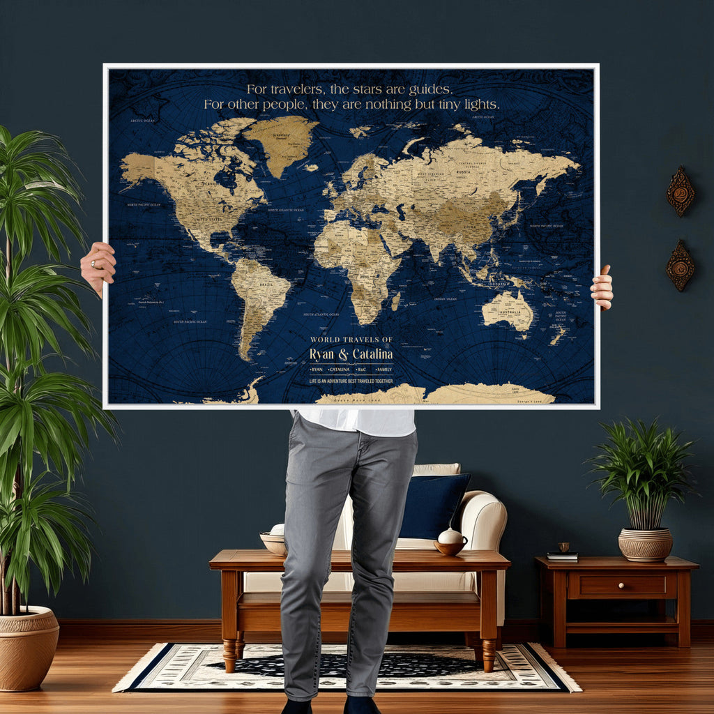 Personalized Framed Black Push Pin Travel Map Canvas Print, Next Trip Planner Map, Dining Room and Bedroom Decor