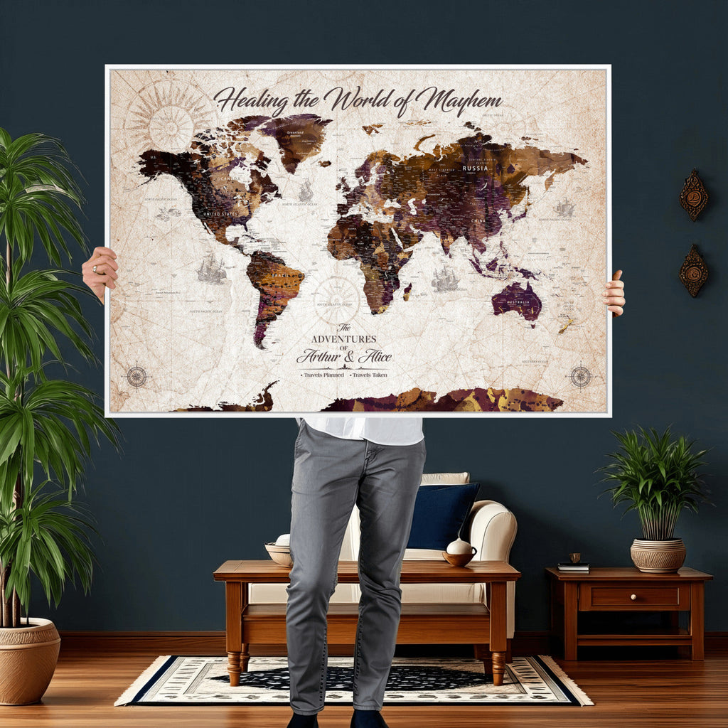 Personalized Framed Navy World Travel Map Wall Art with Pins, Honeymoon and Anniversary Gift, Living Room and Bedroom Decor
