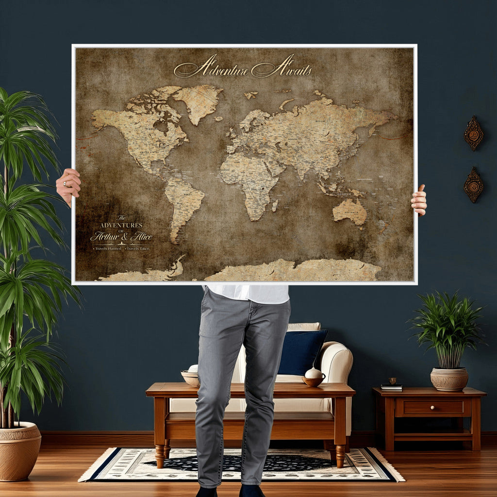 Personalized Framed Beige Push Pin Travel Map Canvas Print, Bucket List Map, Bedroom and Study Decor