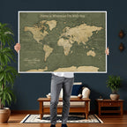 Personalized Framed Beige Geometric Push Pin World Map Canvas Print, Honeymoon and Anniversary Gift, Dining Room and Bedroom Decor
