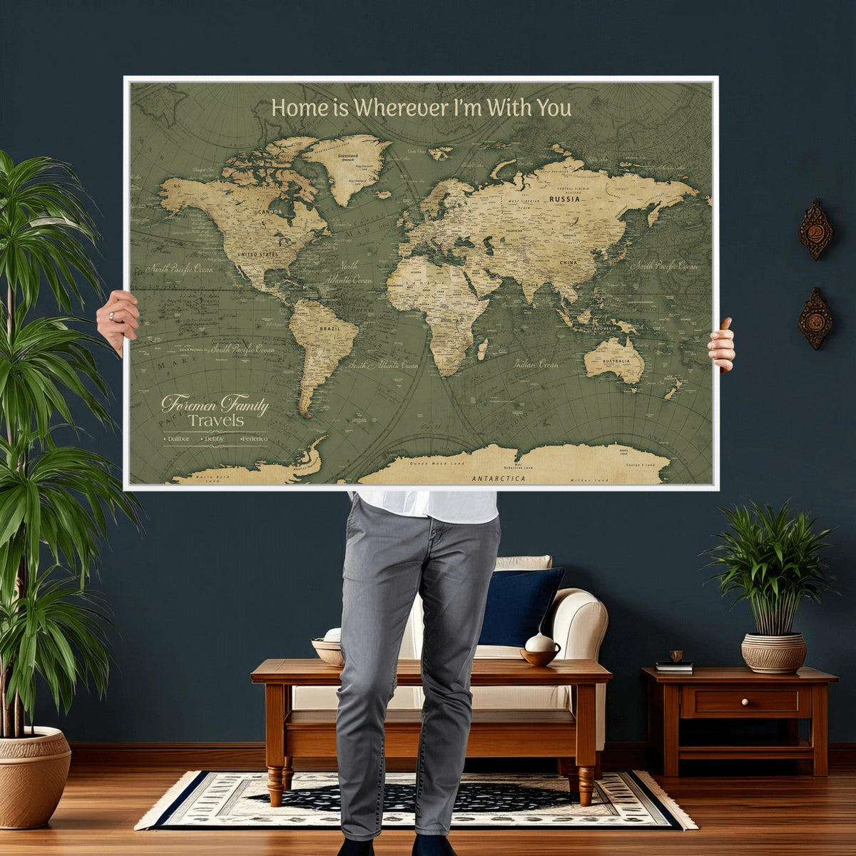 Personalized Framed Beige Geometric Push Pin World Map Canvas Print, Honeymoon and Anniversary Gift, Dining Room and Bedroom Decor