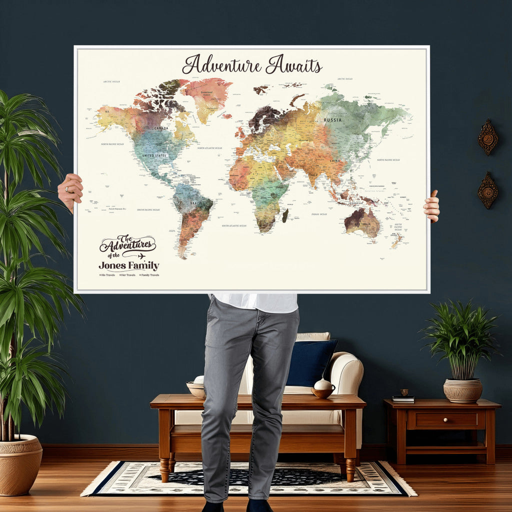 Custom Beige World Map Canvas with Push Pins, Honeymoon and Anniversary Gift, Dining Room and Entryway Decor