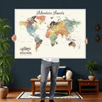 Custom Beige World Map Canvas with Push Pins, Honeymoon and Anniversary Gift, Dining Room and Entryway Decor