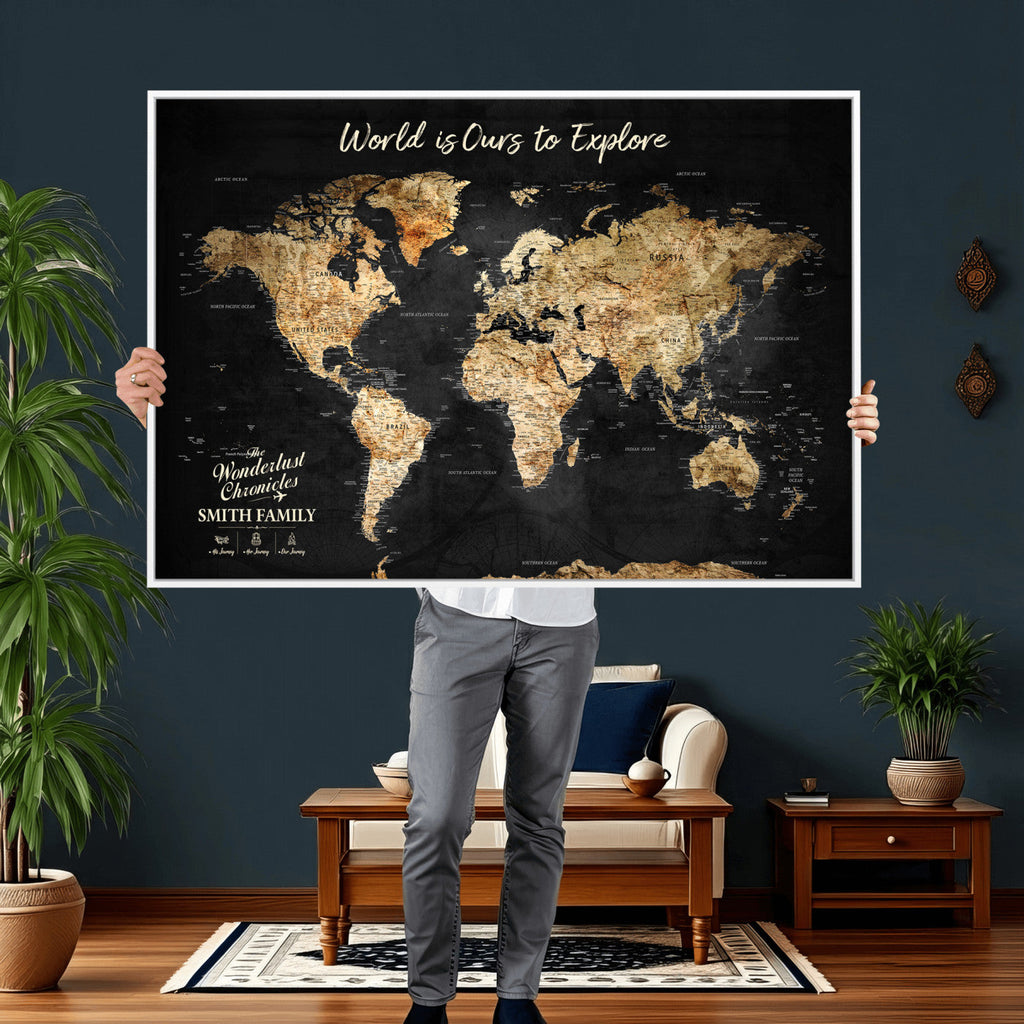Personalized Framed Black Beige Modern World Travel Map Wall Art with Pins, Bucket List Map, Living Room and Hallway Decor