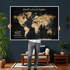 Personalized Framed Black Beige Modern World Travel Map Wall Art with Pins, Bucket List Map, Living Room and Hallway Decor