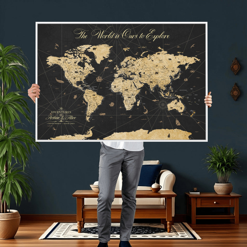 Custom Push Pin World Map Canvas Print, Couples Countries Visited Map, Living Room and Home Office Decor