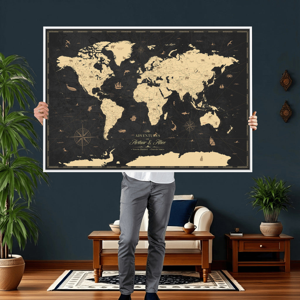 Personalized Beige Push Pin World Map Canvas Print, Places Visited Tracker, Home Office and Study Decor