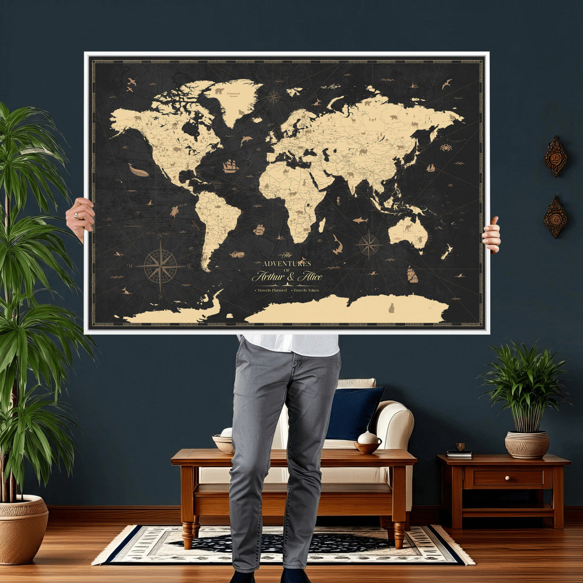Personalized Beige Push Pin World Map Canvas Print, Places Visited Tracker, Home Office and Study Decor