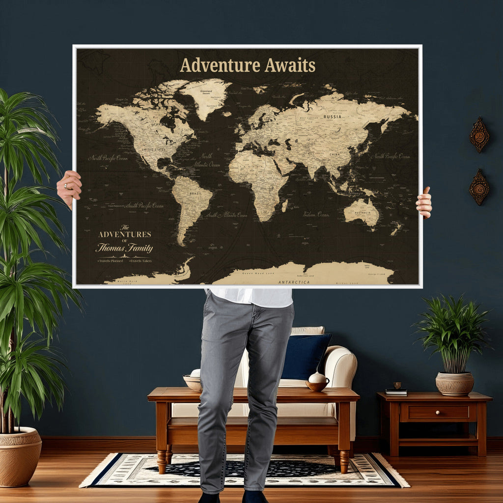 Custom Beige Push Pin World Map Wall Art, Next Trip Planner Map, Living Room and Home Office Decor