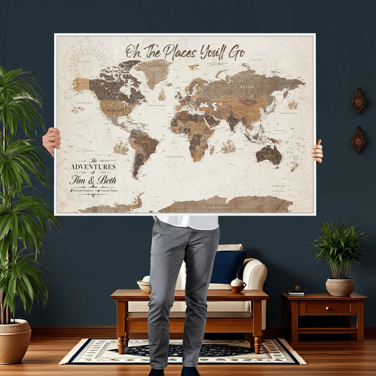 Custom Beige World Travel Map Wall Art with Pins, Couples Countries Visited Map, Living Room and Study Decor