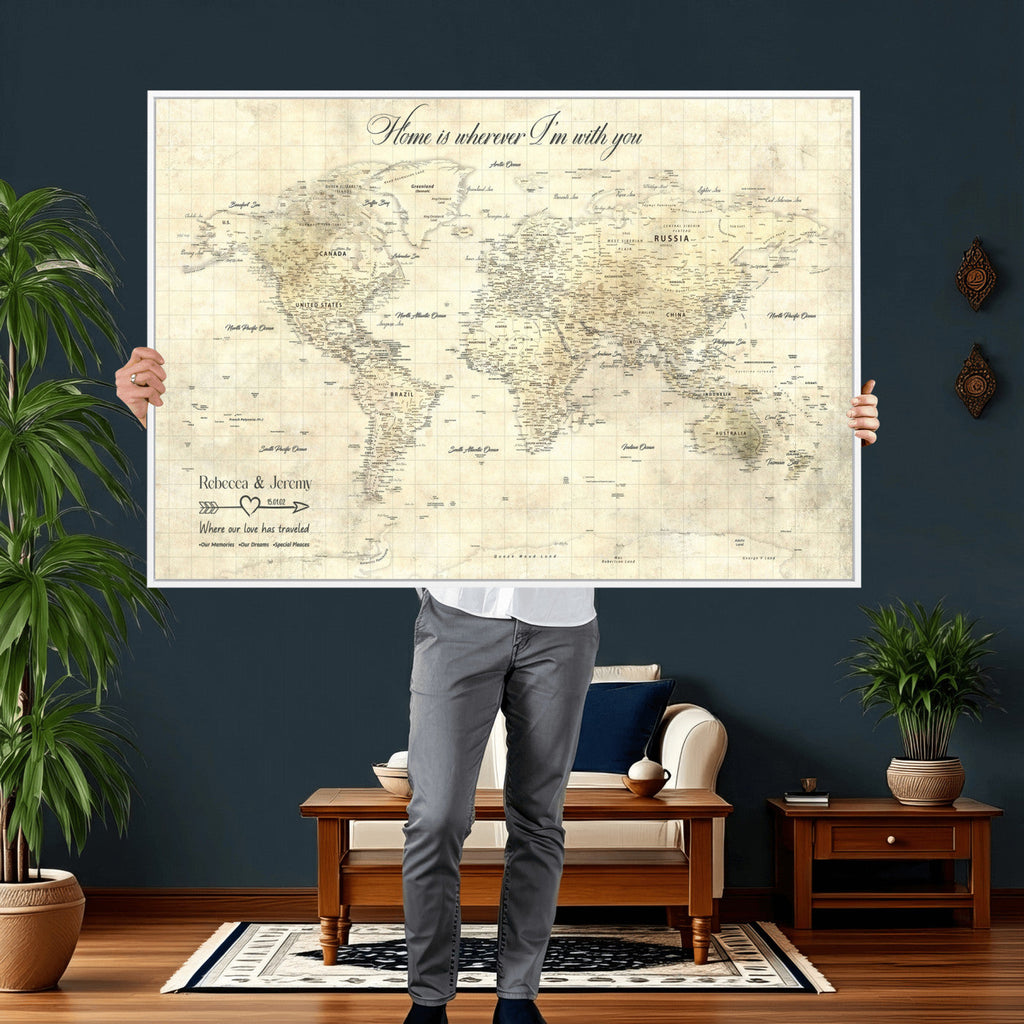 Personalized Beige Modern Push Pin World Map Wall Art, Honeymoon and Anniversary Gift, Bedroom and Study Decor