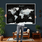 Custom Beige World Travel Map Wall Art with Pins, Places Visited Tracker, Bedroom and Home Office Decor