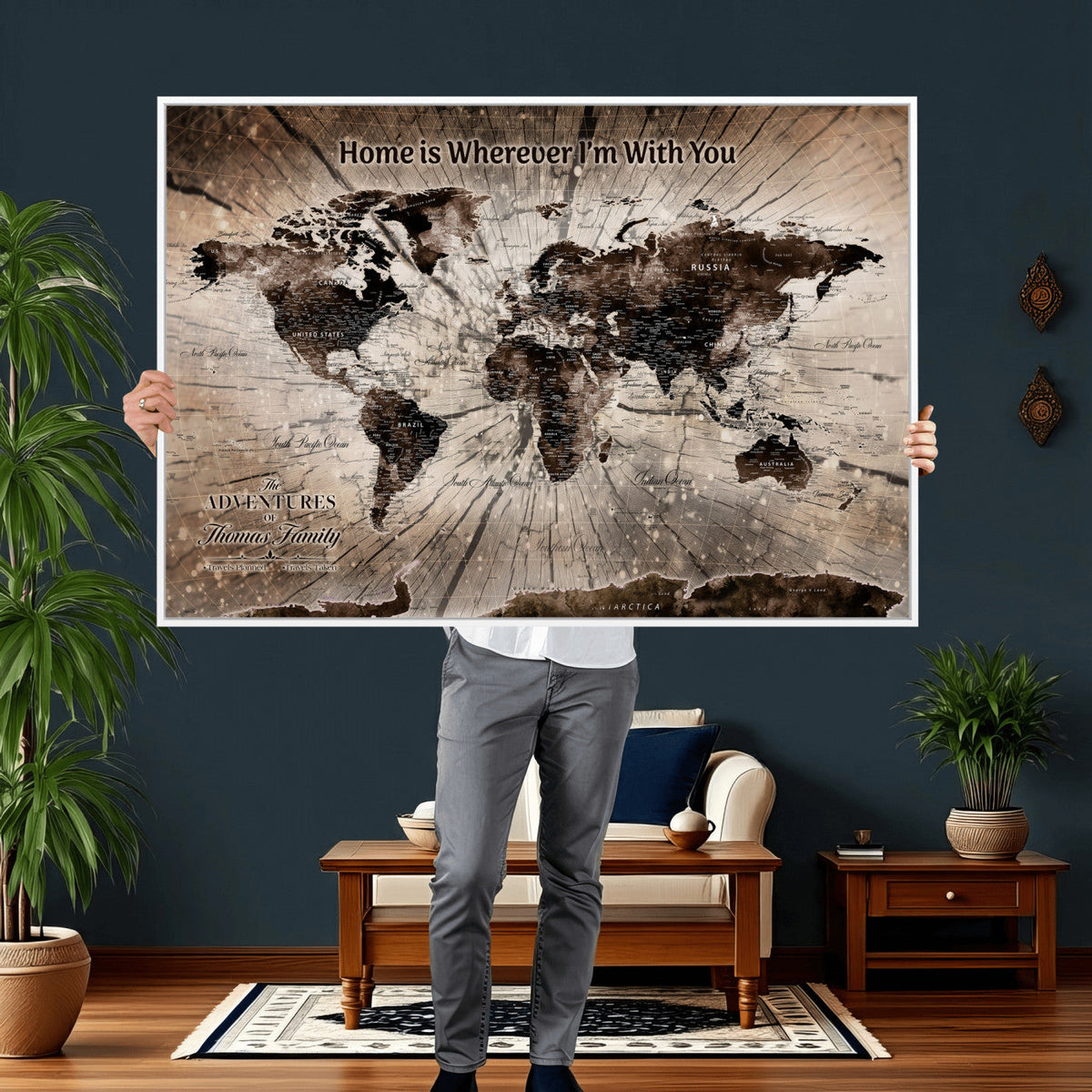 Personalized Push Pin World Map Wall Art Canvas Print, Customizable Framed Travel Map - NEWMAP-085