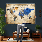 Personalized Framed Beige World Map Canvas with Push Pins, Honeymoon and Anniversary Gift, Living Room and Home Office Decor