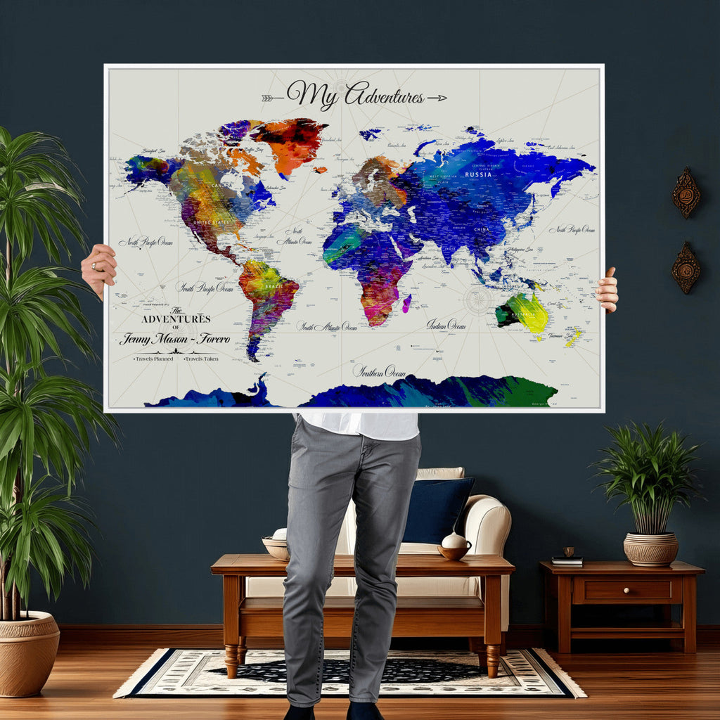 Detailed Custom Framed Beige Modern World Map Canvas with Push Pins, Honeymoon and Anniversary Gift, Dining Room and Home Office Decor