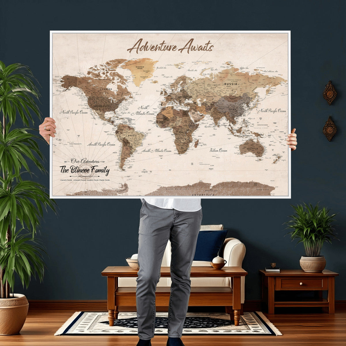 Personalized Framed White Modern Push Pin Travel Map Canvas Print, Bucket List Map, Dining Room and Study Decor