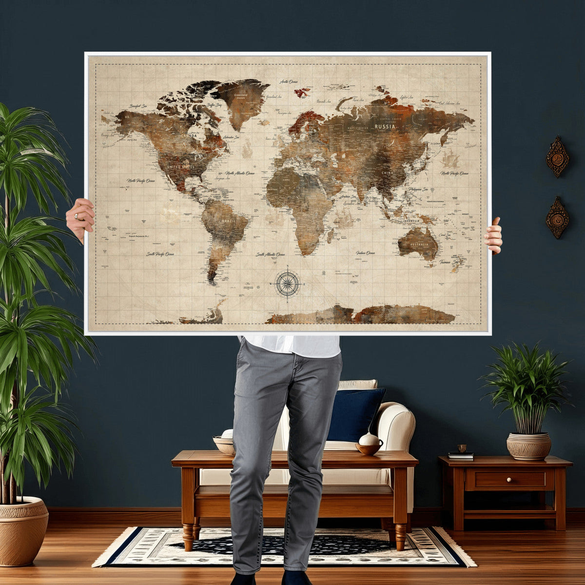Vintage World Map Wall Art Canvas Print for Living Room, Office and Study