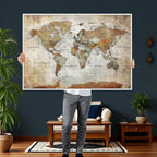 Custom Framed Modern Push Pin World Map Wall Art, Places Visited Tracker, Home Office and Entryway Decor