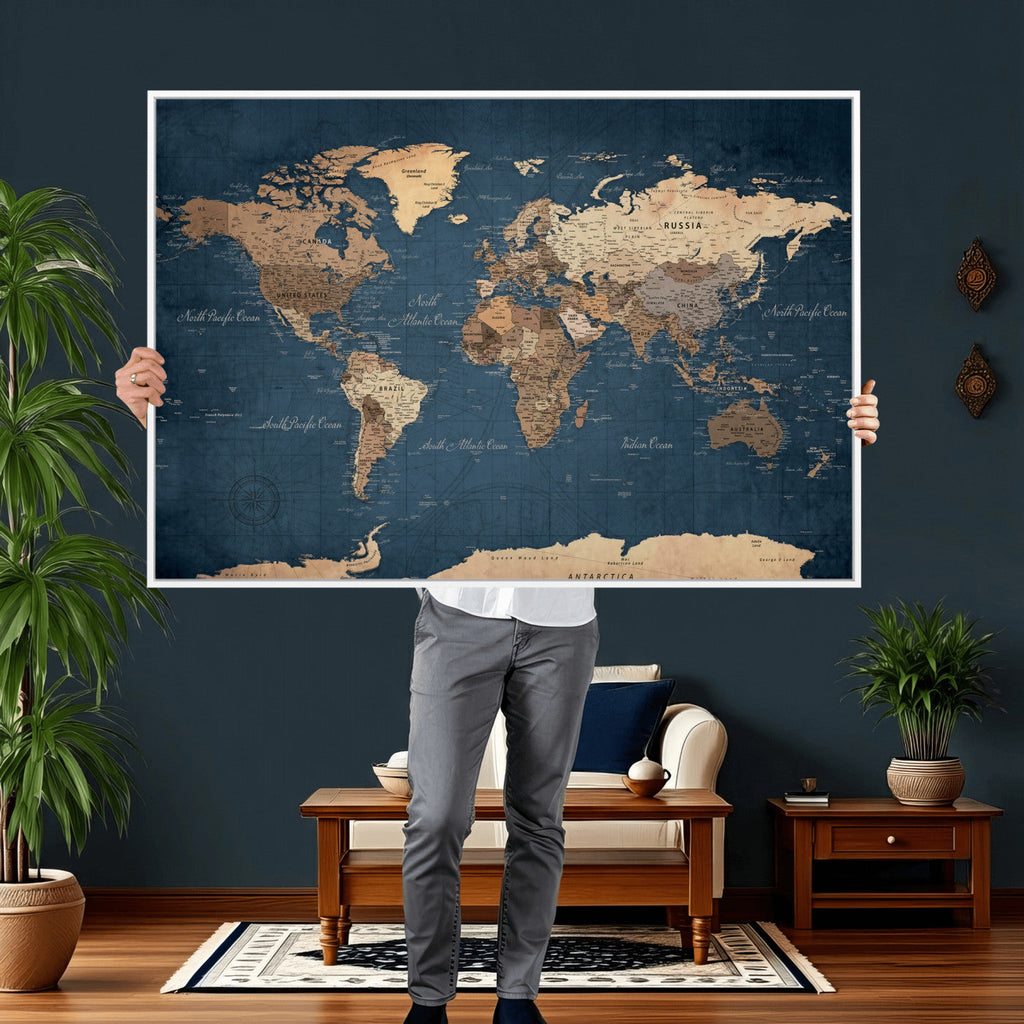 Navy Blue World Map Canvas Print | Framed Travel Map Wall Art