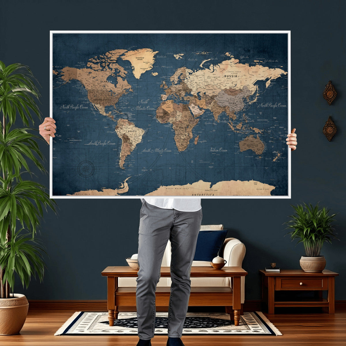 Navy Blue World Map Canvas Print | Framed Travel Map Wall Art