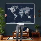 Blue Detailed World Map Wall Art Canvas Print | Modern Framed Map