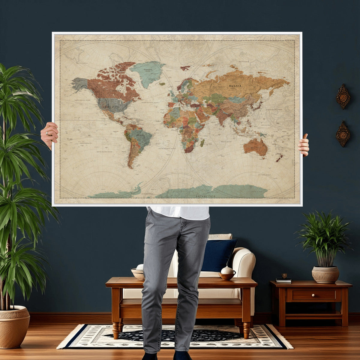 Vintage World Map Canvas Wall Art Print | Framed Modern World Map