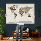 Custom Beige Modern Push Pin World Map Canvas Print, Places Visited Tracker, Bedroom and Study Decor