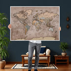 Grunge World Map Canvas Wall Art - Vintage Aged World Map with Golden Tones