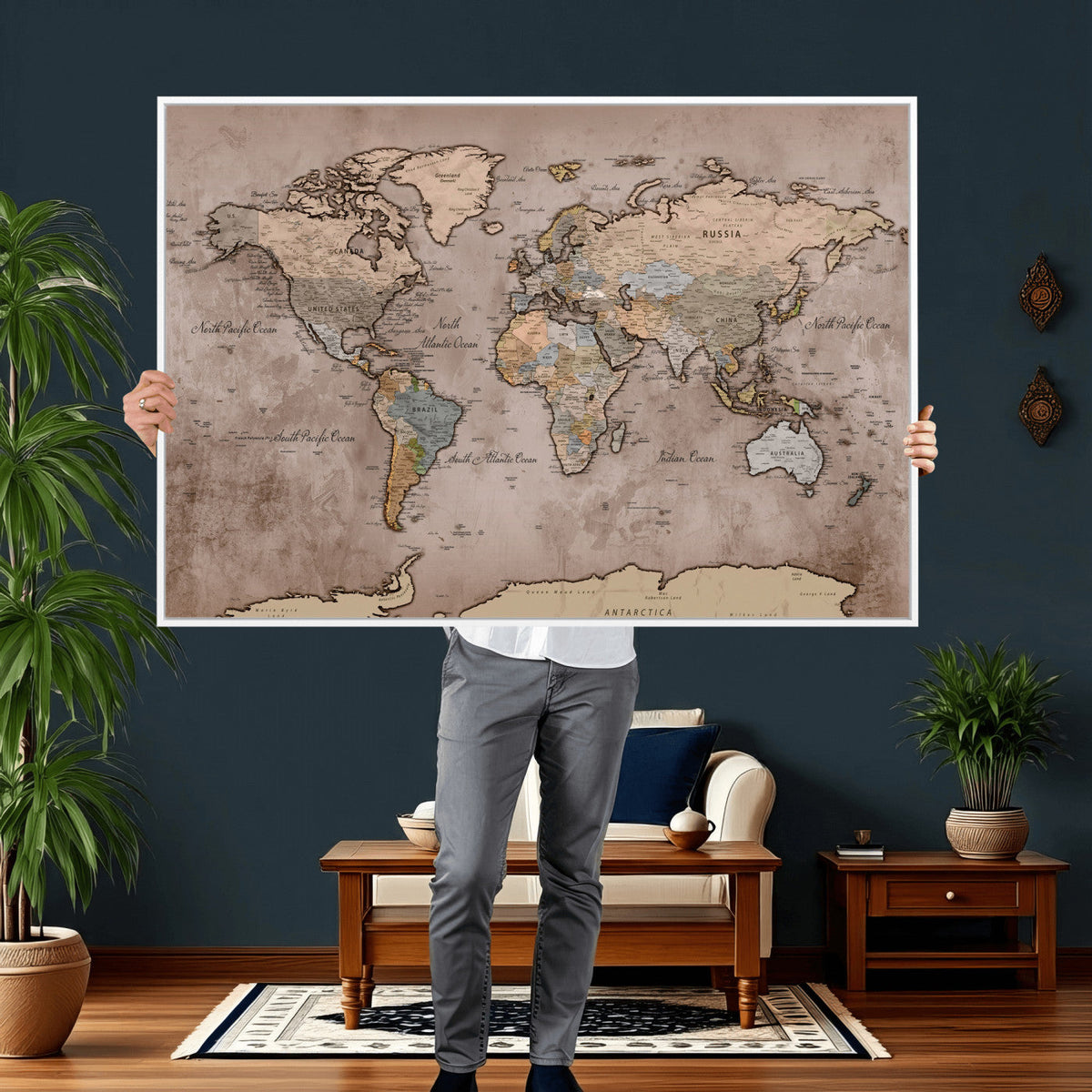 Grunge World Map Canvas Wall Art - Vintage Aged World Map with Golden Tones