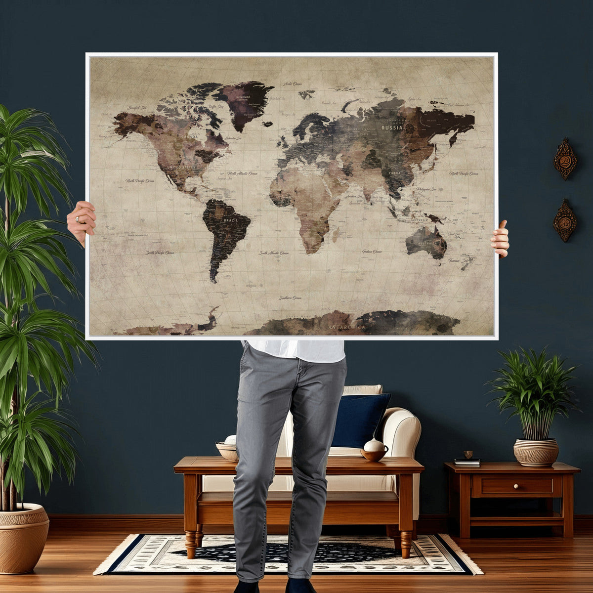 World Map Canvas Print, Detailed Map of the World, Adventure Gift for Couples and Anniversaries