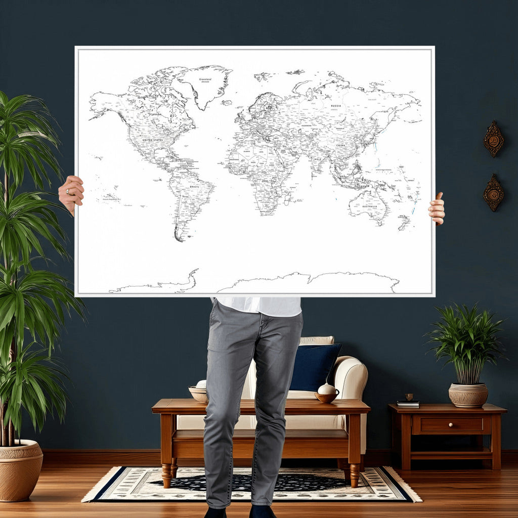 World Map Canvas Print, Framed Modern Detailed Map of the World for Home or Office