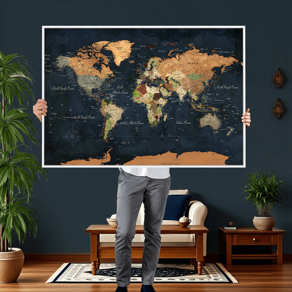 Vintage World Map Canvas Wall Art | Detailed Map with Countries, Oceans and Continents