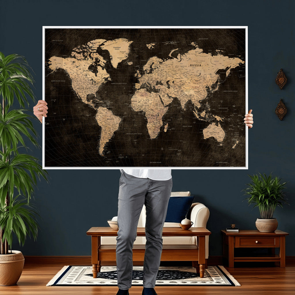 Brown World Map Canvas Print | Modern Travel Map Wall Art