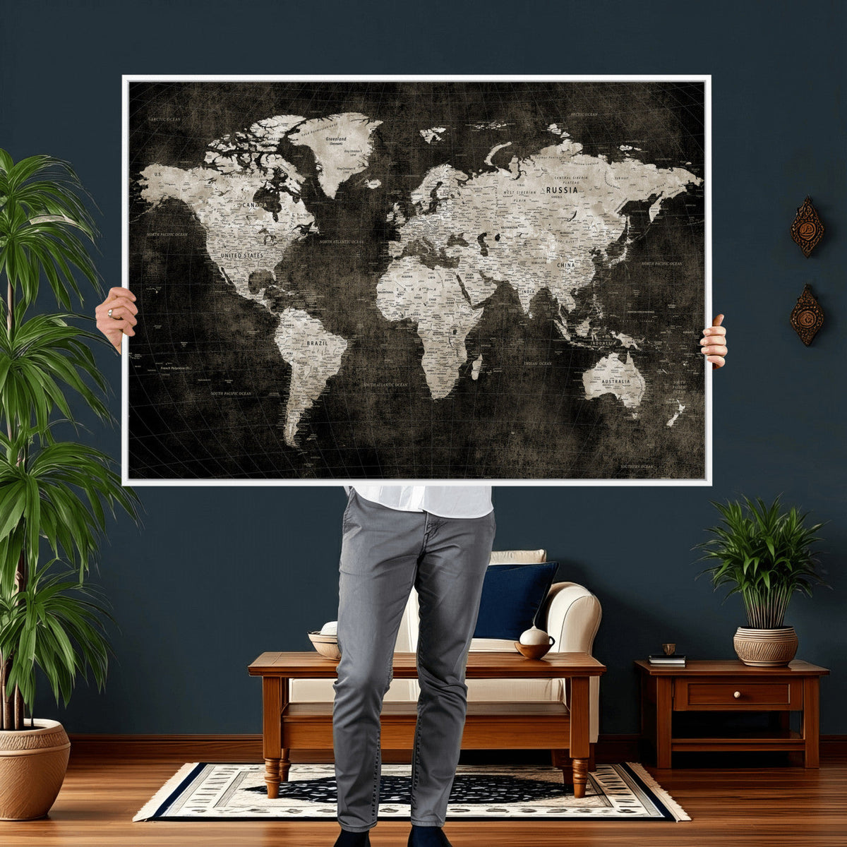 Vintage World Map Wall Art Canvas Print | Framed Large Map Wall Art