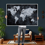 Black World Map Canvas Print | Detailed Map for Couples and Anniversary Gift
