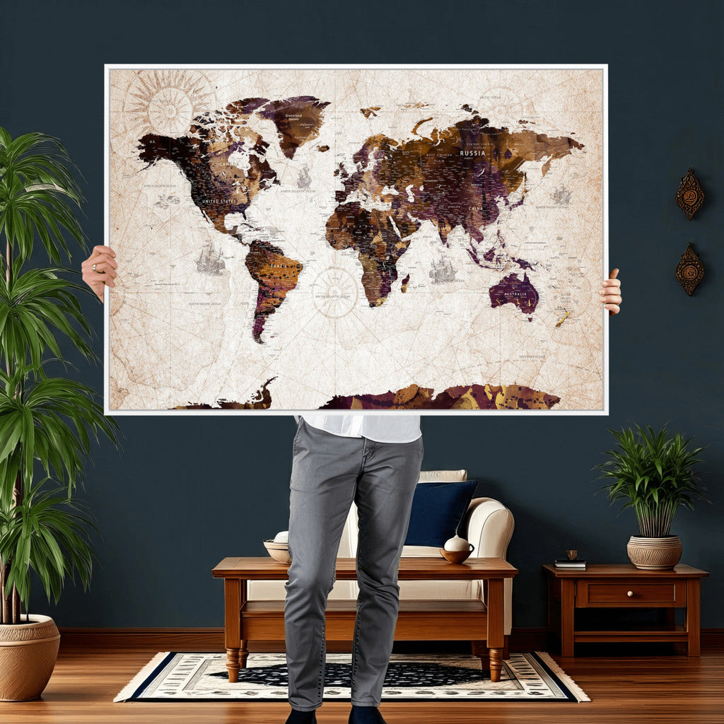 Blue Watercolor World Map Canvas Print | Framed Modern Wall Art