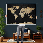 Beige World Map Canvas Wall Art Print, Minimal Black and Beige Map