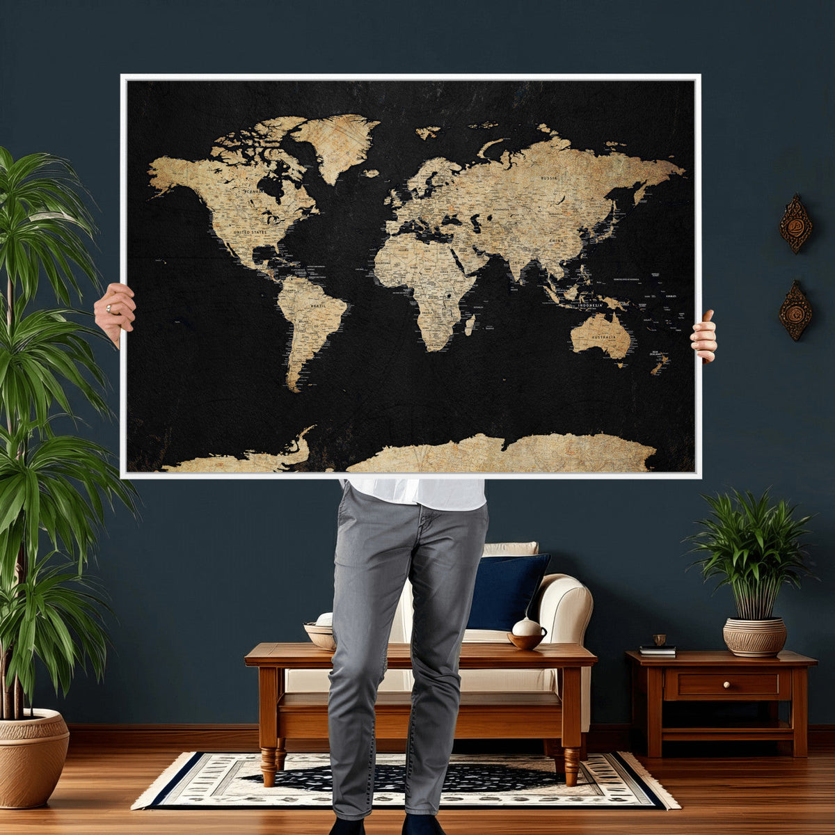 Beige World Map Canvas Wall Art Print, Minimal Black and Beige Map