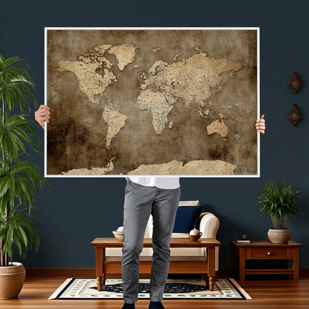 Dark Vintage World Map Canvas Wall Art Print, Antique Map Artwork