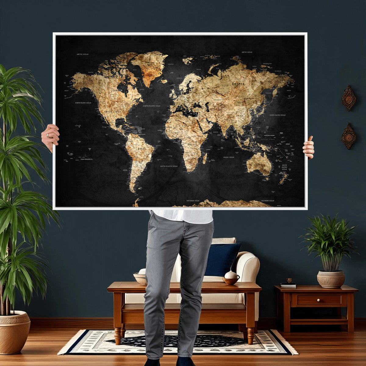 World Map Canvas Wall Art with Famous Landmarks | Framed Travel Map